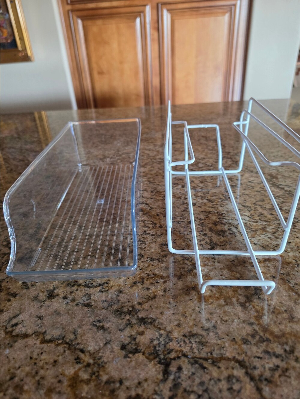 Clear Acrylic Fridge Shelf Bin and White Wire Refrigerator Rack for Cans - EUC